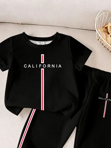 SHEIN Casual Colorful Striped Contrast Cute Animal Number Letter Print Short Sleeve Crew Neck T-Shirt And Matching Print Cuffed Khaki Long - Multicolor - View 5