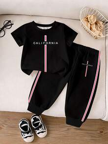 SHEIN Casual Colorful Striped Contrast Cute Animal Number Letter Print Short Sleeve Crew Neck T-Shirt And Matching Print Cuffed Khaki Long - Multicolor - View 4