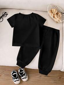 SHEIN Casual Colorful Striped Contrast Cute Animal Number Letter Print Short Sleeve Crew Neck T-Shirt And Matching Print Cuffed Khaki Long - Multicolor - View 3