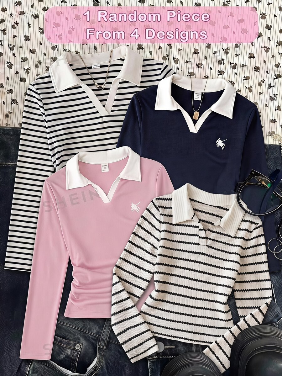 SHEIN 青少年女孩 V 領長袖條紋針織修身 Polo 領短版 T-shirt 休閒上衣 - 黑與白 - 查看 1
