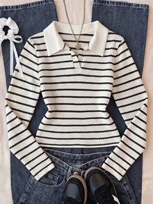 SHEIN 青少年女孩 V 領長袖條紋針織修身 Polo 領短版 T-shirt 休閒上衣 - 黑與白 - 查看 2