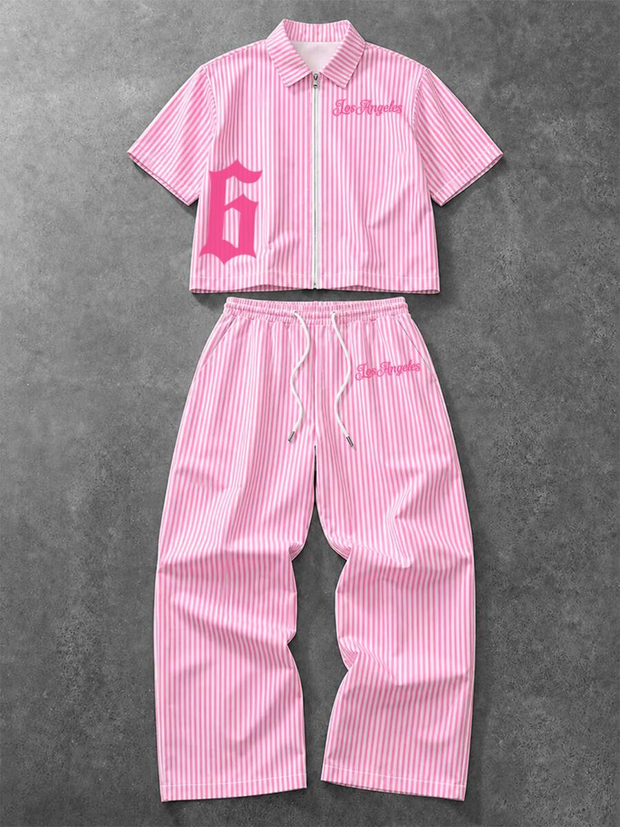 Manfinity EMRG Men's Striped Digital Pattern Short Sleeve Shirt And Drawstring Waist Long Pants Casual Daily Outfit - Multicolor - View 1