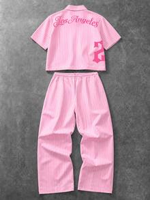 Manfinity EMRG Men's Striped Digital Pattern Short Sleeve Shirt And Drawstring Waist Long Pants Casual Daily Outfit - Multicolor - View 2