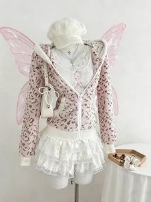 SHEIN 青少年女孩冬季夾克 可愛拼色復古時尚豹紋 粉色棕色法蘭絨抓絨內裡 收腰拉鍊修身柔軟外套 - 彩色 - 查看 3