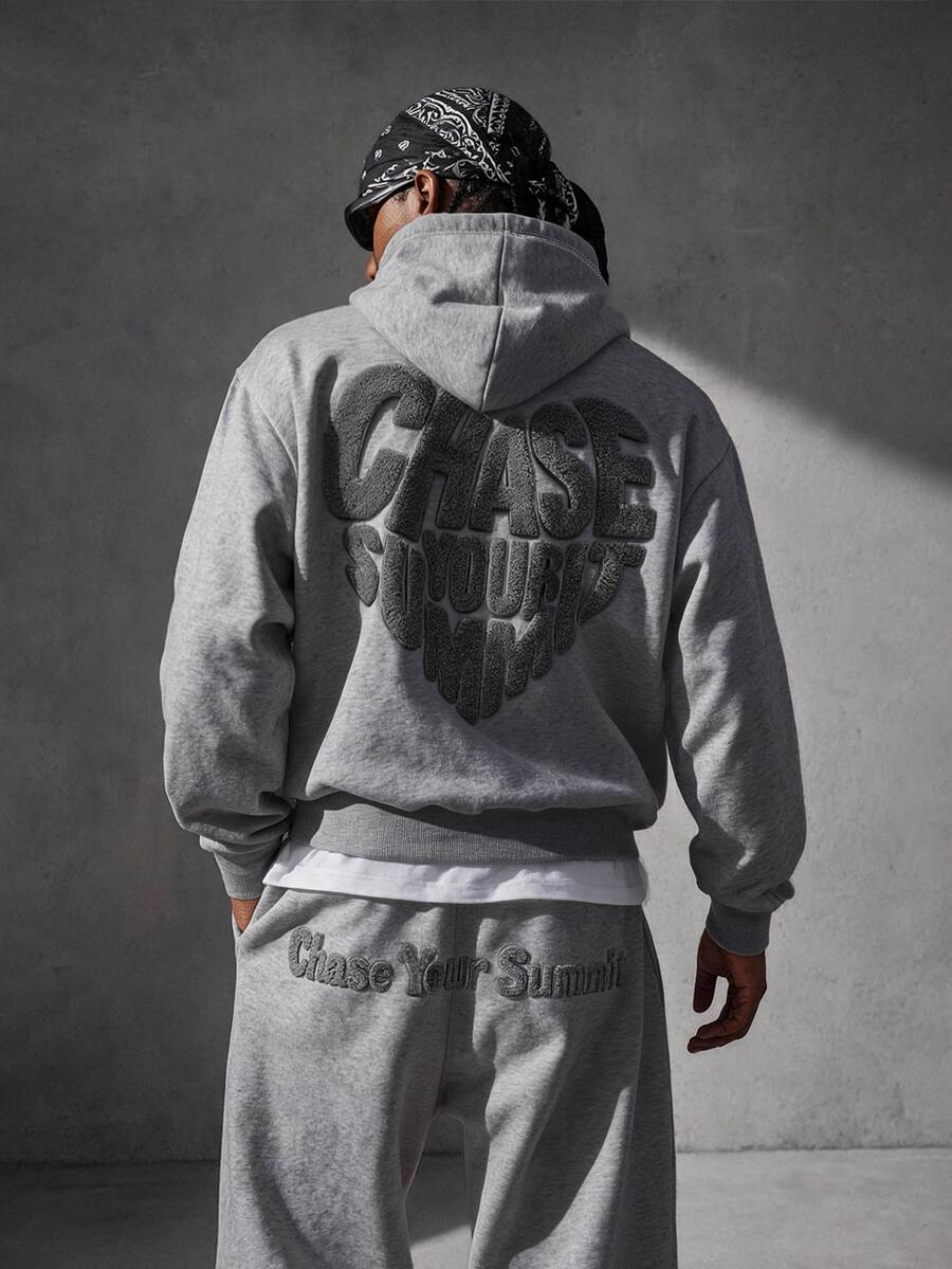Manfinity EMRG Conjunto de sudadera con capucha y pantalones de chándal con eslogan bordado para hombre - Gris - Ver 1