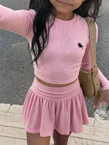 SHEIN Sparklyn 青少年女孩啦啦隊舞蹈純色長袖上衣與裙子套裝，適合運動與休閒穿著，春秋款 - 黃色 - 查看 2