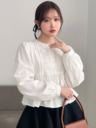 DAZY レディース コントラストレース 長袖 ホワイト ラッフルカラー ブラウスシャツ、春/秋 かわいいトップス