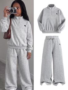 SHEIN 青少年女孩連帽衫與運動衫套裝 - 灰色 - 查看 4