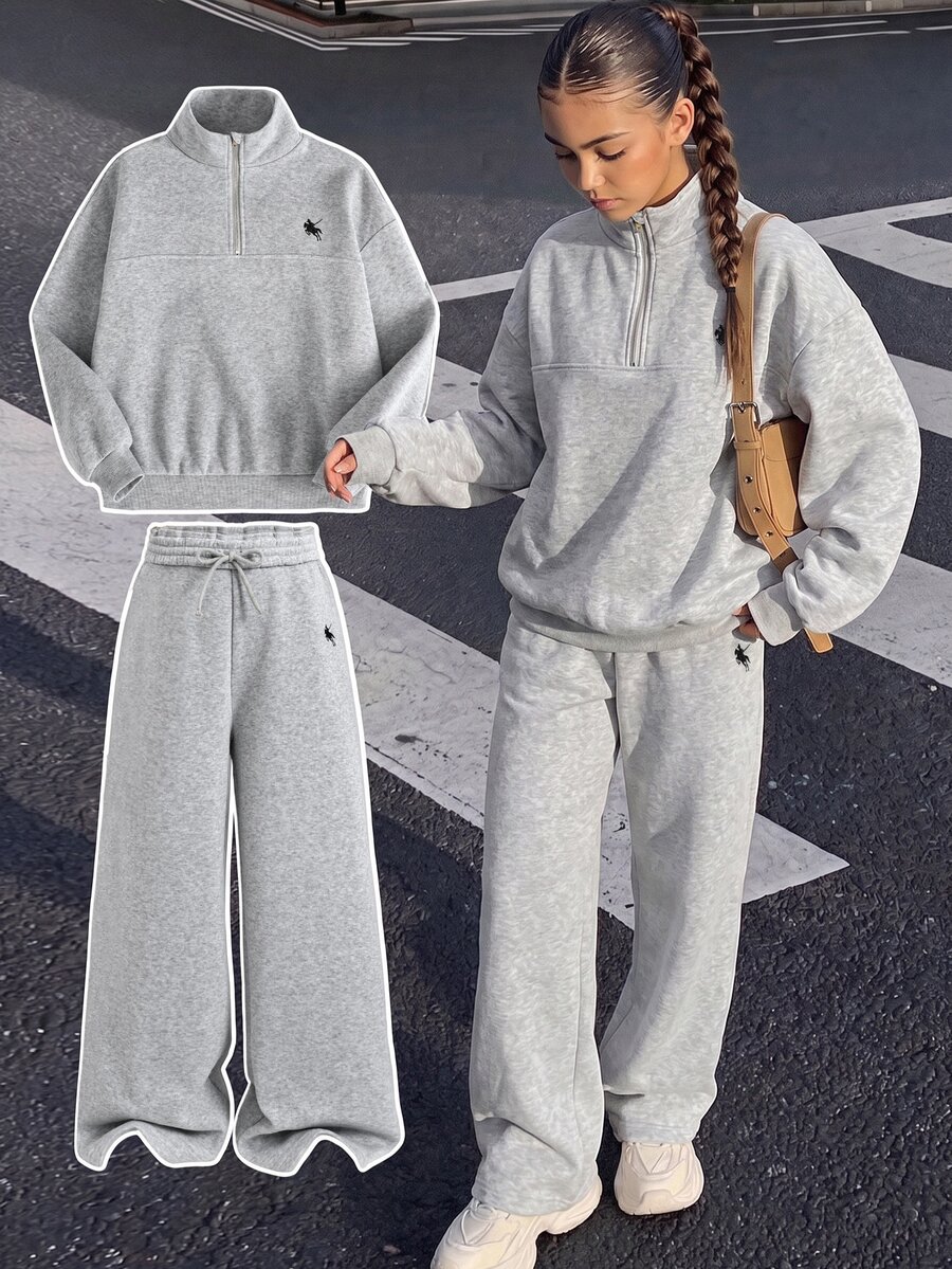 SHEIN 青少年女孩連帽衫與運動衫套裝 - 灰色 - 查看 1