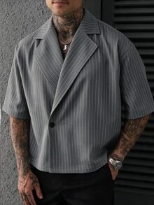 SLATEMANN Men's Striped Lapel NeckSingle Button Casual Short Sleeve Shirt - Grey - View 1
