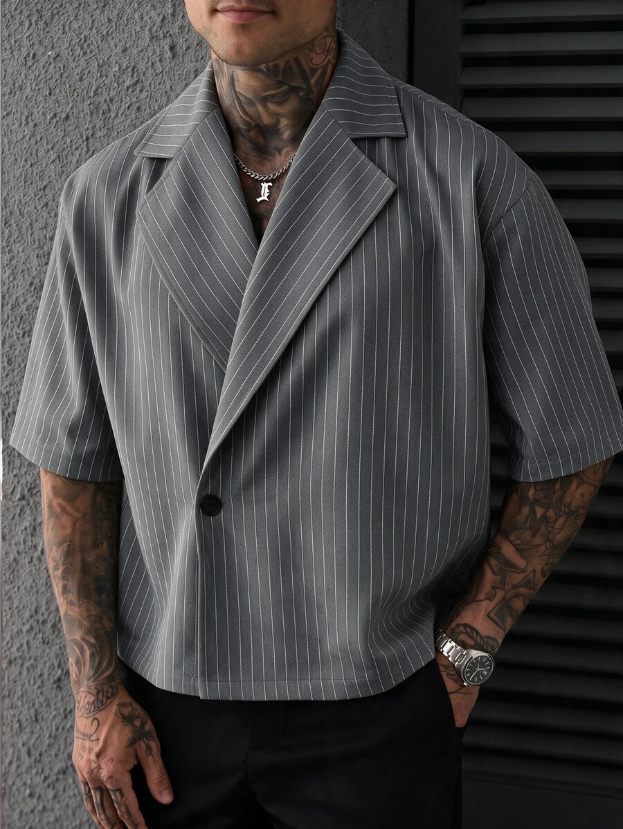 SLATEMANN Men's Striped Lapel NeckSingle Button Casual Short Sleeve Shirt - Grey - View 1