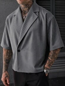 SLATEMANN Men's Striped Lapel NeckSingle Button Casual Short Sleeve Shirt - Grey - View 3
