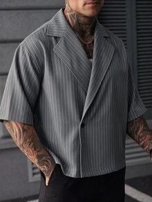 SLATEMANN Men's Striped Lapel NeckSingle Button Casual Short Sleeve Shirt - Grey - View 4