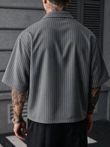 SLATEMANN Men's Striped Lapel NeckSingle Button Casual Short Sleeve Shirt - Grey - View 2