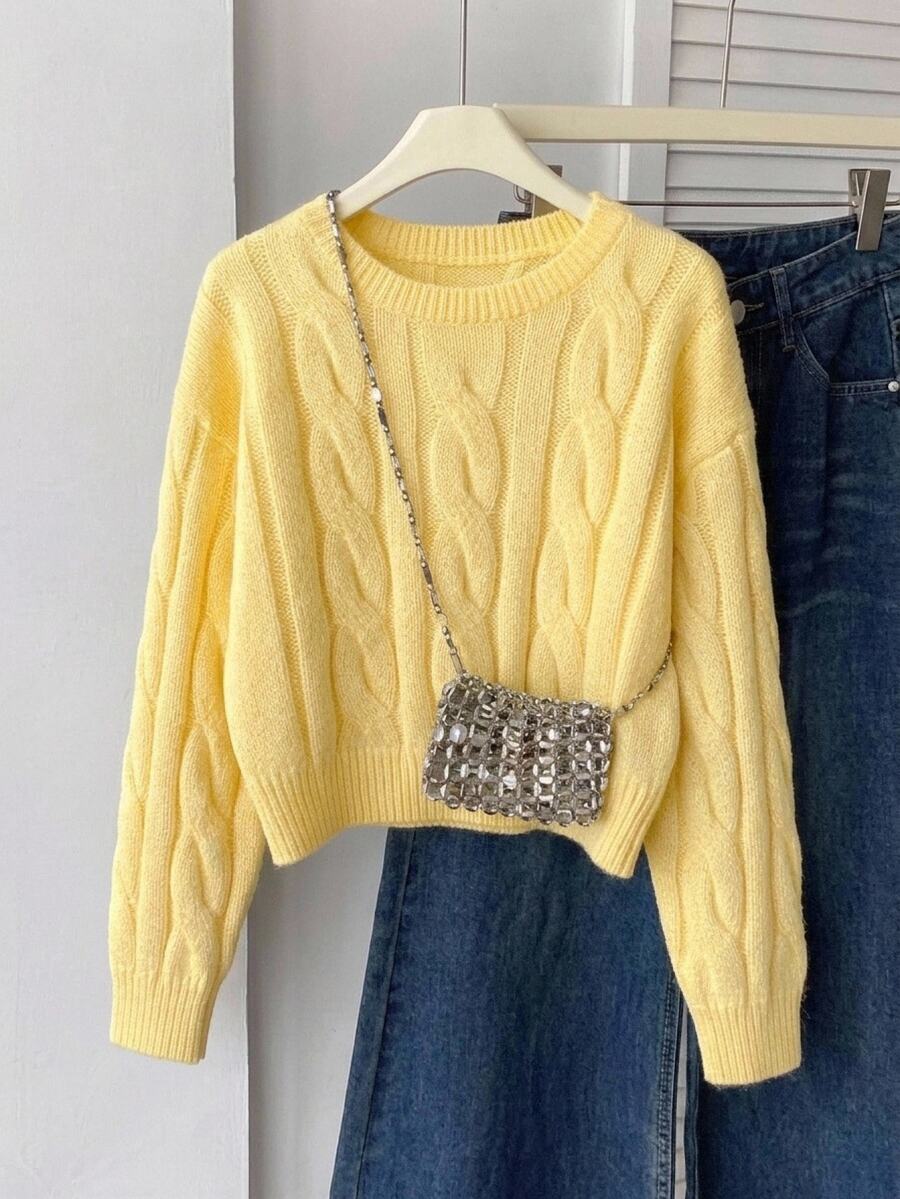 SHEIN Tween Girl Casual Solid Color Crew Neck Long Sleeve Mohair Fuzzy Sweater Fall/Winter - Yellow - View 1