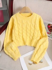 SHEIN 少女休閒純色圓領長袖馬海毛毛絨毛衣 秋冬款 - 黃色 - 查看 6