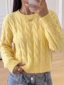 SHEIN 少女休閒純色圓領長袖馬海毛毛絨毛衣 秋冬款 - 黃色 - 查看 1