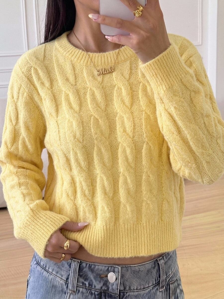 SHEIN 少女休閒純色圓領長袖馬海毛毛絨毛衣 秋冬款 - 黃色 - 查看 1