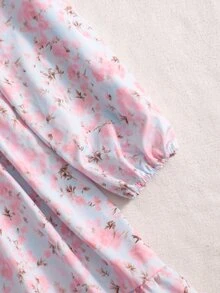 SHEIN Vintaside Kids 青少年女孩秋季休閒優雅度假洋裝 寬鬆圓領泡泡袖荷葉邊花卉印花雪紡中長蛋糕裙 女孩洋裝 - 藍色 - 查看 6
