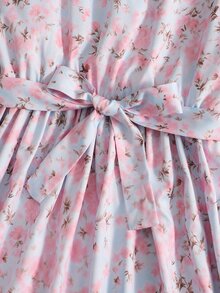 SHEIN Vintaside Kids 青少年女孩秋季休閒優雅度假洋裝 寬鬆圓領泡泡袖荷葉邊花卉印花雪紡中長蛋糕裙 女孩洋裝 - 藍色 - 查看 4
