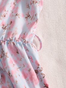 SHEIN Vintaside Kids 青少年女孩秋季休閒優雅度假洋裝 寬鬆圓領泡泡袖荷葉邊花卉印花雪紡中長蛋糕裙 女孩洋裝 - 藍色 - 查看 8