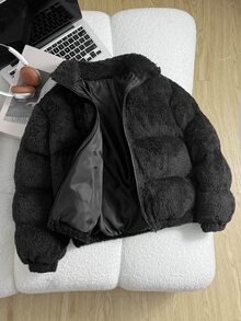 SHEIN 少女款毛絨內裡加厚素色立領寬鬆休閒短版棉襖外套，秋冬春夏通用 - 黑色 - 查看 5
