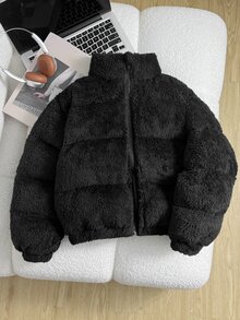 SHEIN 少女款毛絨內裡加厚素色立領寬鬆休閒短版棉襖外套，秋冬春夏通用 - 黑色 - 查看 2