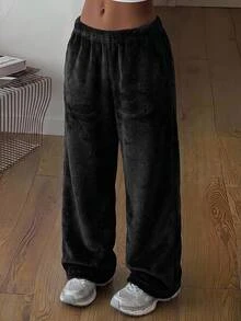 SHEIN 青少年女孩簡約百搭休閒毛絨長褲，秋冬新款 - 黑色 - 查看 4