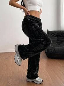 SHEIN 青少年女孩簡約百搭休閒毛絨長褲，秋冬新款 - 黑色 - 查看 3