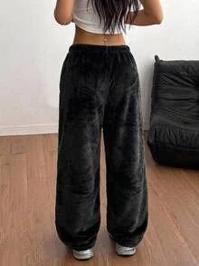 SHEIN 青少年女孩簡約百搭休閒毛絨長褲，秋冬新款 - 黑色 - 查看 2