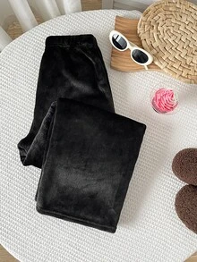 SHEIN 青少年女孩簡約百搭休閒毛絨長褲，秋冬新款 - 黑色 - 查看 6