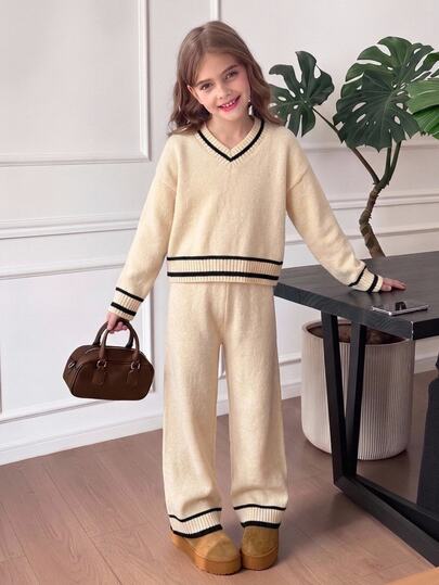 SHEIN Tween Girls Colorblock Minimalist V-Neck Sweater Set
