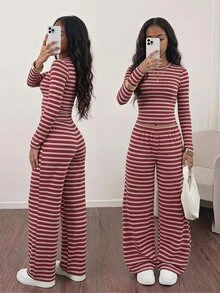 SHEIN 女童休閒舒適修身長袖T恤與舒適鬆緊腰寬腿寬鬆長褲2件套 - 彩色 - 查看 5