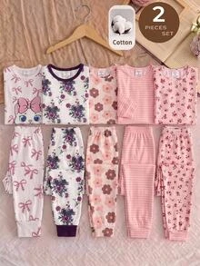 SHEIN 少女復古格紋印花休閒簡約修身圓領長袖上衣＋長褲兩件套居家服，適合秋冬，貼身舒適 - 紫色 - 查看 1