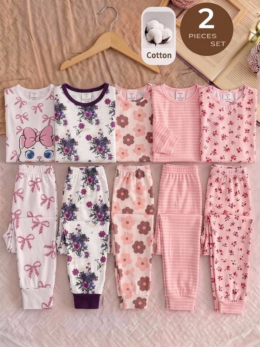 SHEIN 少女復古格紋印花休閒簡約修身圓領長袖上衣+長褲兩件套居家服,適合秋冬,貼身舒適 - 紫色 - 查看 1