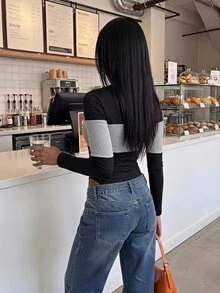SHEIN Sparklyn 青少年女孩拼色針織連身衣，女孩連身背心上衣，黑灰拼色條紋，秋冬穿搭，返校季，休閒，針織，Y2K - 彩色 - 查看 2