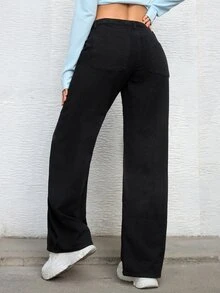 SHEIN ICON 女式前扣口袋简约休闲牛仔裤 - 黑色 - 查看 2