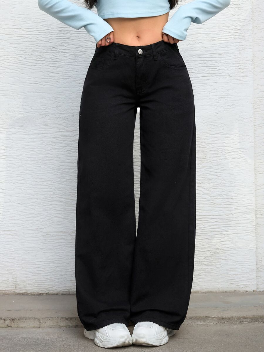 SHEIN ICON 女式前扣口袋简约休闲牛仔裤 - 黑色 - 查看 1