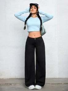 SHEIN ICON 女式前扣口袋简约休闲牛仔裤 - 黑色 - 查看 3