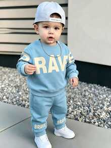 1pc Baby Boys Casual Printed Letter Pattern Fleece Crew Neck Long Sleeve Sweatshirt, Suitable For Autumn/Winter - Multicolor - View 5