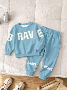 1pc Baby Boys Casual Printed Letter Pattern Fleece Crew Neck Long Sleeve Sweatshirt, Suitable For Autumn/Winter - Multicolor - View 1