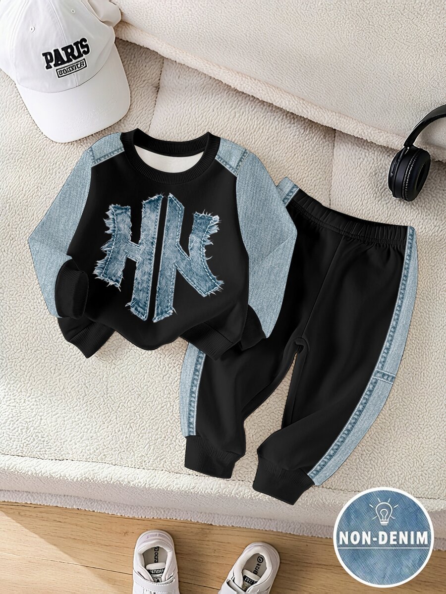 2pcs Baby Boys Casual 3D Letter Print Crew Neck Fleece Sweatshirt And Matching Fleece Sweatpants Set, Suitable For Autumn/Winter - Multicolor - View 1