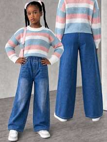 SHEIN Tween Girl Casual Washed Elastic Waist Wide Leg Versatile Jeans - Medium Wash - View 4