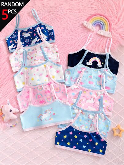 [5pcs Random Assortment]Girls' Sweet Fashion Multi-Color Underwear, Patterns Cartoon Graphic White, Pink Ribbon Sweet, Made Of Soft All Seasons