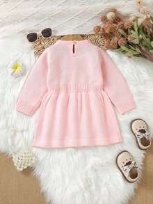 SHEIN 女嬰淺粉色圓領雛菊刺繡針織洋裝 公主風長袖收腰A字針織洋裝 春季/秋季/冬季休閒款 - 粉色 - 查看 2