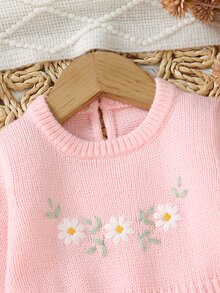 SHEIN 女嬰淺粉色圓領雛菊刺繡針織洋裝 公主風長袖收腰A字針織洋裝 春季/秋季/冬季休閒款 - 粉色 - 查看 5