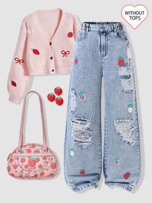 Genkimix Kids Teen Girls Wide Leg Denim Jeans All-Season Streetwear Cute Vintage Light Blue Denim With Strawberry Print Distressed Ripped Hem Design Versatile For D - Light Wash - View 6