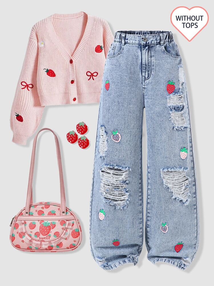 Genkimix Kids Teen Girls Wide Leg Denim Jeans All-Season Streetwear Cute Vintage Light Blue Denim With Strawberry Print Distressed Ripped Hem Design Versatile For D - Light Wash - View 5