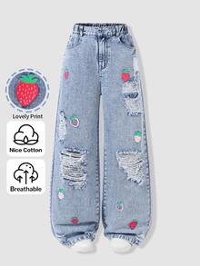 Genkimix Kids Teen Girls Wide Leg Denim Jeans All-Season Streetwear Cute Vintage Light Blue Denim With Strawberry Print Distressed Ripped Hem Design Versatile For D - Light Wash - View 5
