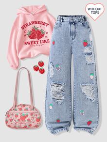 Genkimix Kids Teen Girls Wide Leg Denim Jeans All-Season Streetwear Cute Vintage Light Blue Denim With Strawberry Print Distressed Ripped Hem Design Versatile For D - Light Wash - View 2